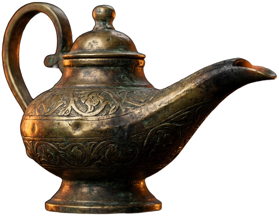 An ancient brass lamp resting in the hoard